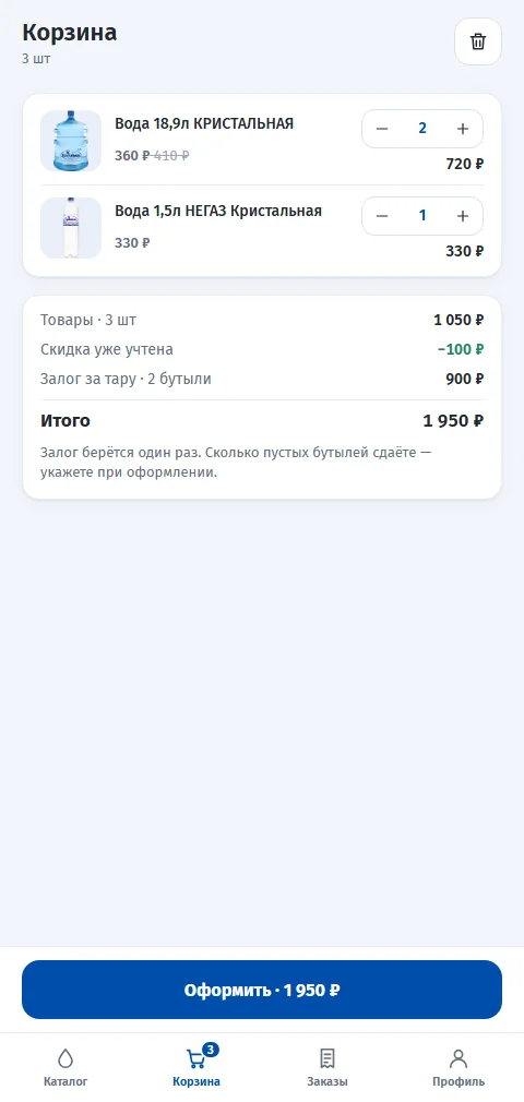 Корзина: скидка и залог за тару посчитаны автоматически